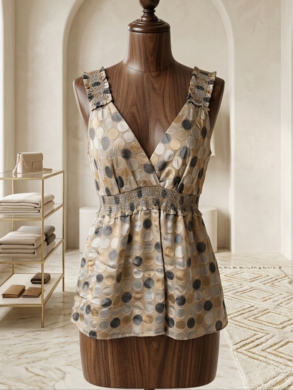 BCBGMaxAzria Beige and Gray Polka Dot Blouse Sz XS - Picture 6 of 6